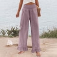 thumbnail image 7 of Lumtrix Women Linen Pants Dressy Casual Summer Boho Ruffle Hem Wide Leg Cropped Pants Smocked High Waisted Palazzo Pants Light Purple XL, 7 of 7
