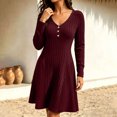 thumbnail image 3 of Tqcoqu Dresses for Women Long Sleeve Button V Neck Lightweight Ribbed Knit Casual Babydoll A Line Swing Flared Fall Dresses, 3 of 8