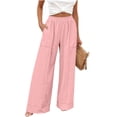 thumbnail image 2 of Cagogo Women Wide Leg Pants Cotton Linen Elastic Waist Casual Loose Long Trousers with Pockets Travel Lounge Solid Beach Clothes, Pink XL, 2 of 7