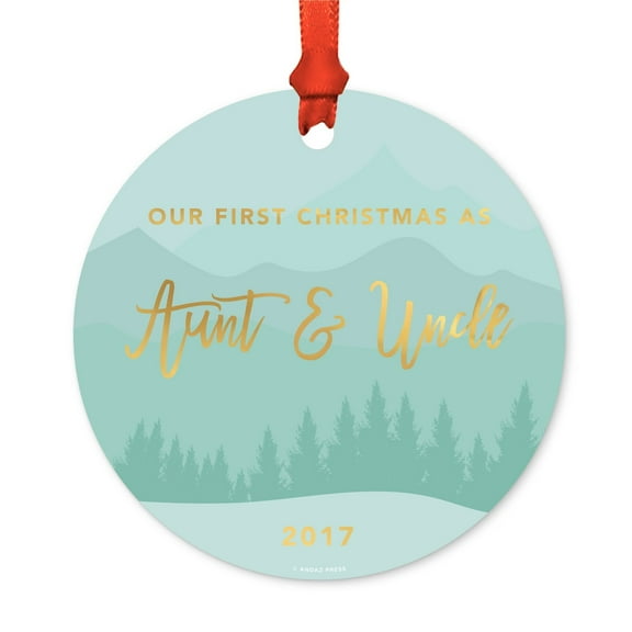 Metal Christmas Ornament, Our First Christmas As Aunt and Uncle 2017, Winter Wonderland, Includes Ribbon and Gift Bag