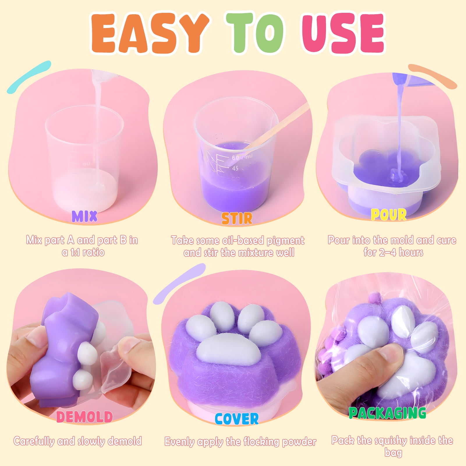 CandWuom DIY Squishy Making Kit, 18oz Liquid Silicone 1:1 AB Ratio Epoxy Resin Mix for Squishies, Molds Cat Claw, Hamster, Rabbit, Gifts for Any Occasion
