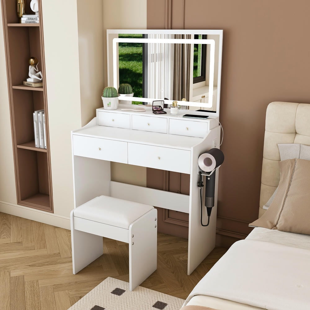 Kadyn Bedroom Vanity Desk, Makeup Vanity Table with Power Outlet & Hair Dryer Holder, Modern Dressing Table with 5 Drawers, White