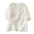 thumbnail image 1 of Pompotops T-Shirt Mode Décontracté Ample à Imprimé pour Femmes, Hauts à Boutons, Blouse en Coton et Lin, Liquidation, 1 of 8
