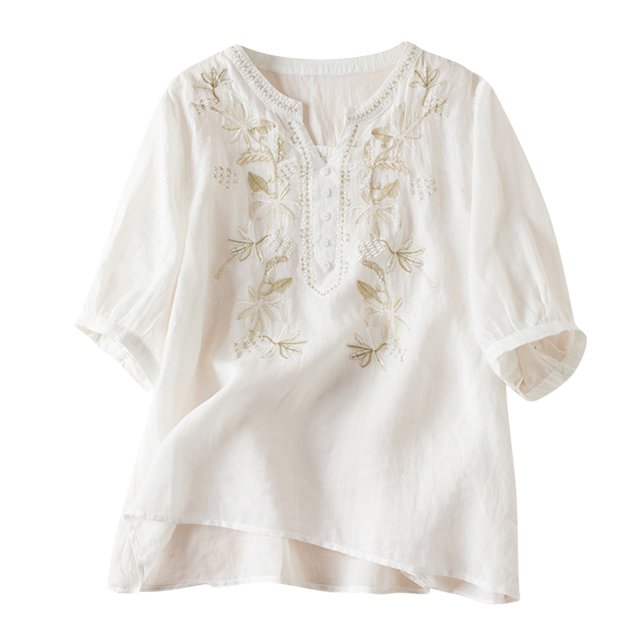 Pompotops T-Shirt Mode Décontracté Ample à Imprimé pour Femmes, Hauts à Boutons, Blouse en Coton et Lin, Liquidation