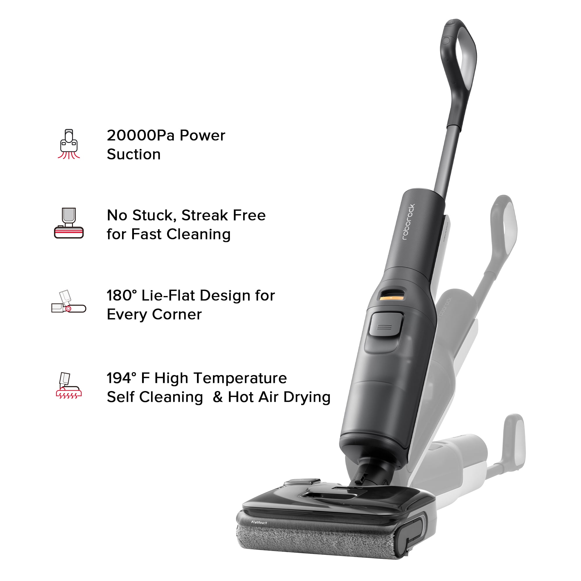 Roborock F25 Wet/Dry Vacuum Cleaner, 20000Pa Floor Cleaner, cordless, Hot Air Flash Drying & High Temperature Self Cleaning, Black