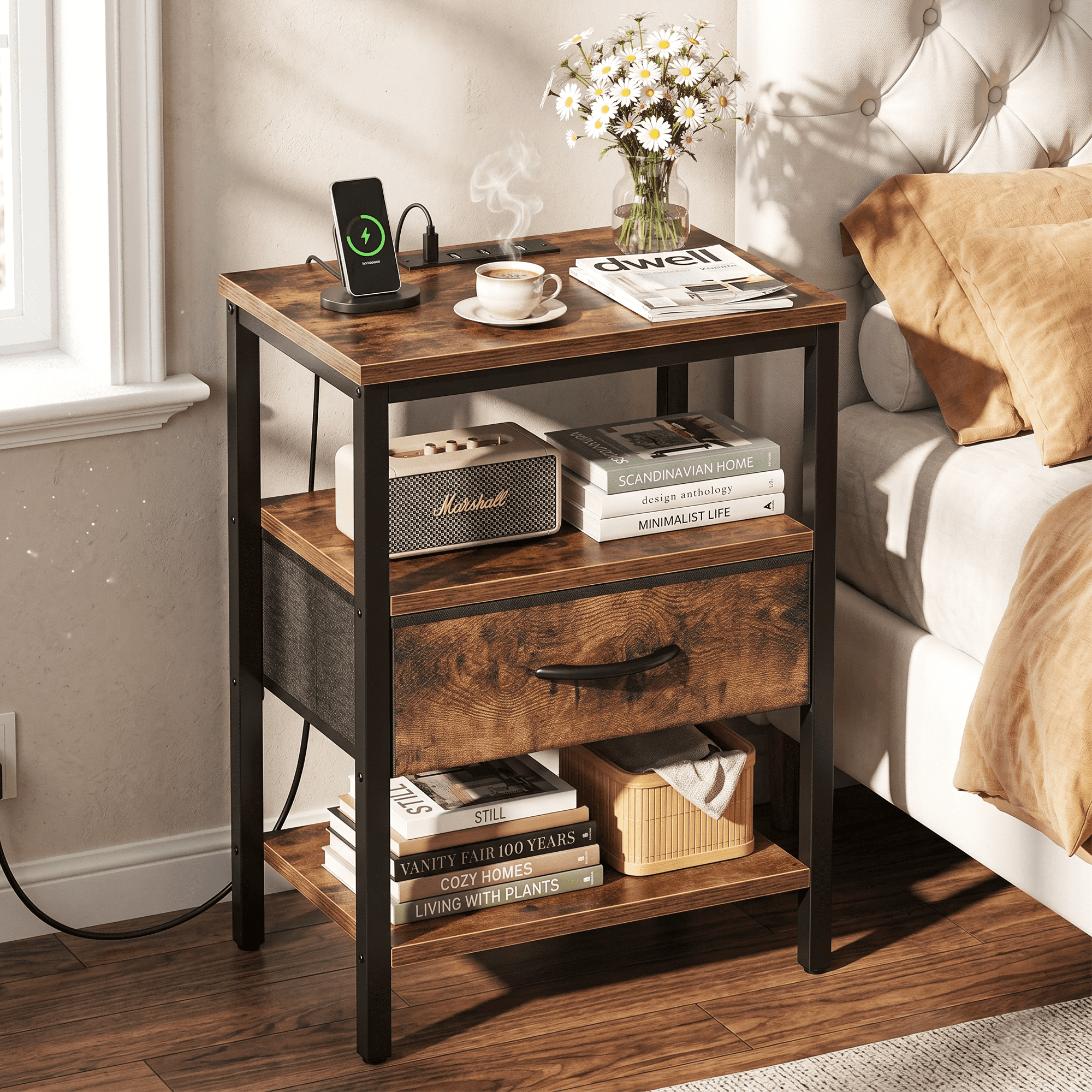 LIFERECORD Night Stand with Fabric Drawer, Nightstand with Charging Station, End Tables with Storage Shelf for Small Spaces, Bedside Table Side Tables for Bedroom, Rustic Brown