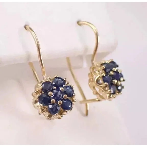 Women's 1Ct Round Cut Blue Sapphire Drop Hoop Earrings in 14k Yellow Gold Plated