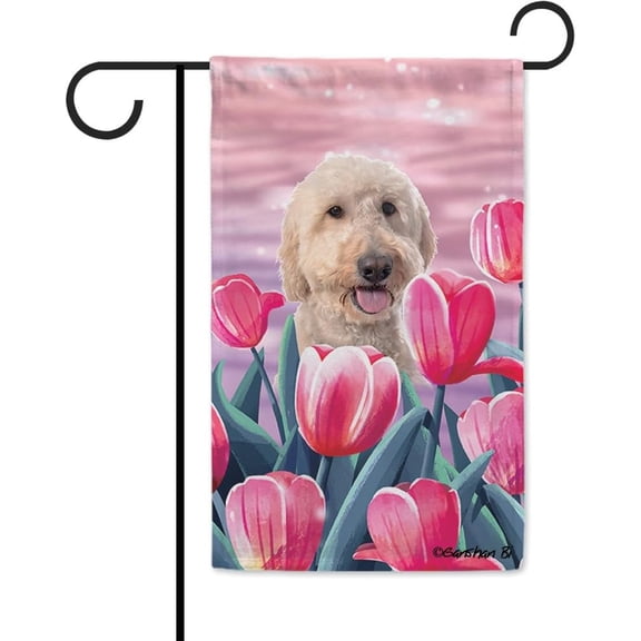 Goldendoodle Tulip Flowers Garden Flag Hello Spring Summer Floral Dog Decor Flag Banner for Yard Outdoor 12.5X18 Inch Double Side