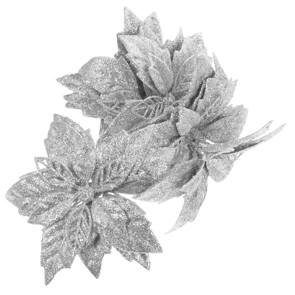 LOLIPPYY 10Pcs Silver Glitter Artificial Poinsettia Flowers Ideal for Xmas Party and Home Decoration