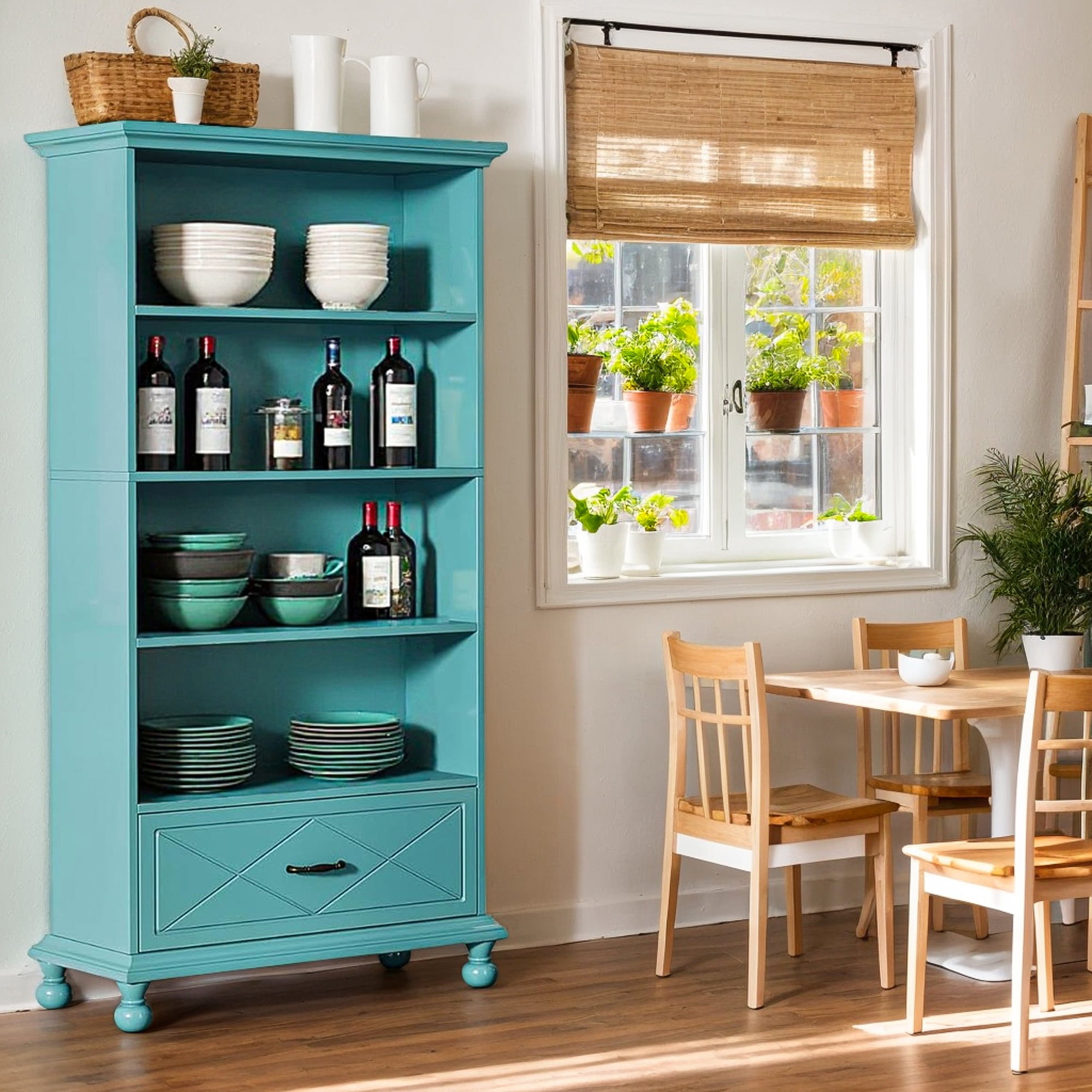 Demi Bonn 6-Shelf Bookcase with Drawer, 71" Bookshelf with Solid Wood Legs for Bedroom, Living Room, Ocean Blue