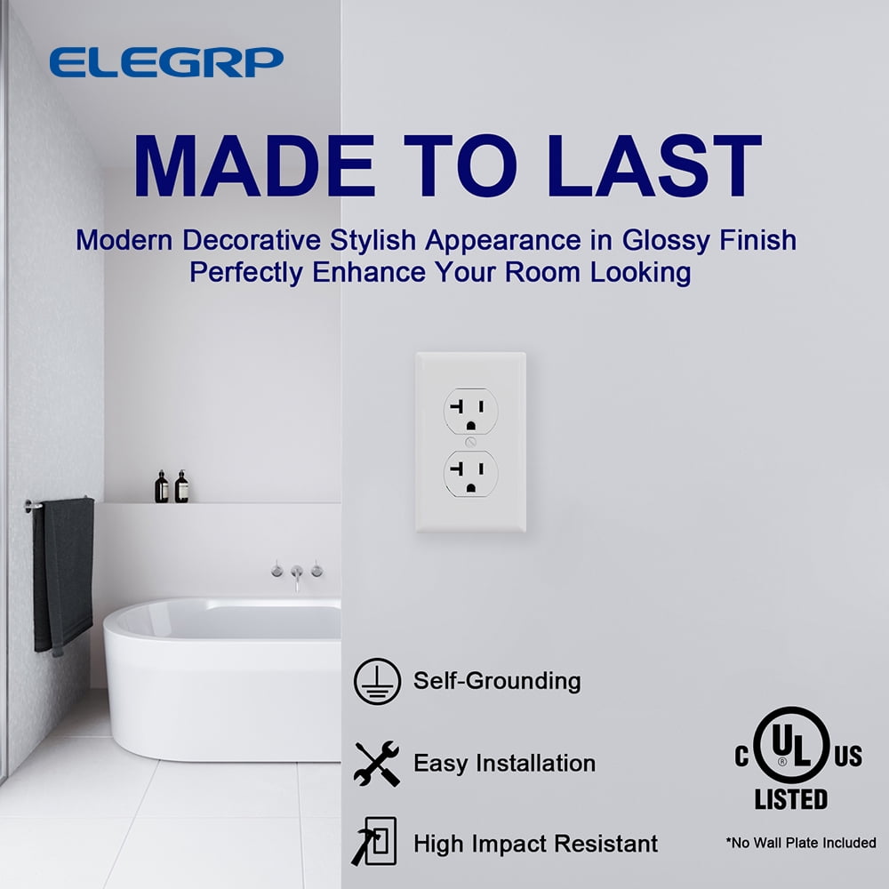 Duplex Receptacle 20A 125V , 2 Pole 3 Wire Standard Electrical Wall Outlet, 5-20R, Self-Grounding, side wire, UL Glossy White, 10 Pack