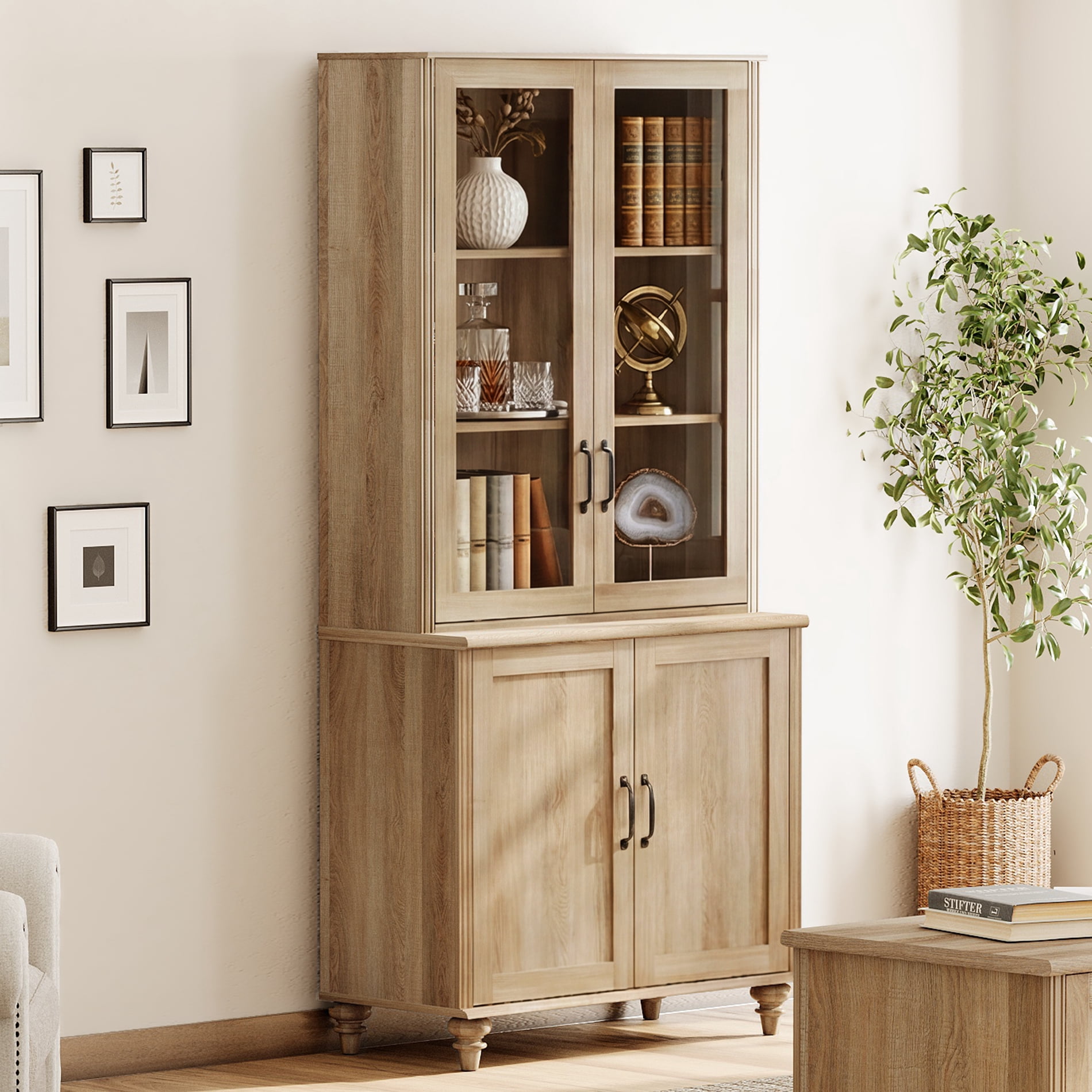 72.1"H × 33.9"W Large Farmhouse Wooden Bookcase with Glass Doors & Shelves, Storage Cabinet Bookcase for Living Room, Bedroom, Home Office & Kitchen, Oak