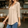 thumbnail image 5 of Women's Plus 3/4 Sleeve Tunic Tops Drawstring Hoodie V Neck Loose Fit Curved Hem Hooded Shirts to Wear with Leggings Fall Casual Outfits, Beige, L, 5 of 10