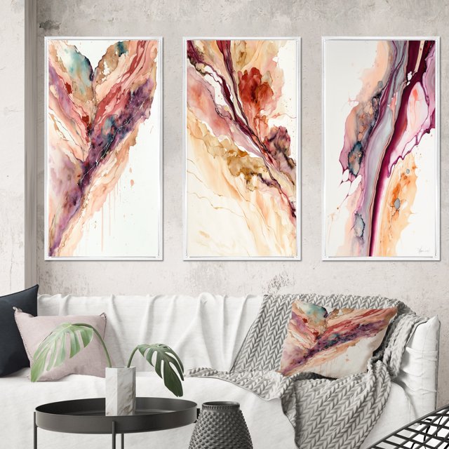 Designart "Redend Point Canyon - A River's Tale I" Abstract Liquid Ink Framed Wall Art Set Of 3 - Red Modern Frame Canvas Set For Living Room Decor