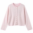 thumbnail image 2 of Women Crew Neck Striped Button Front Knit Cardigan Long Sleeve Cropped Fall Casual Sweater M, 2 of 3