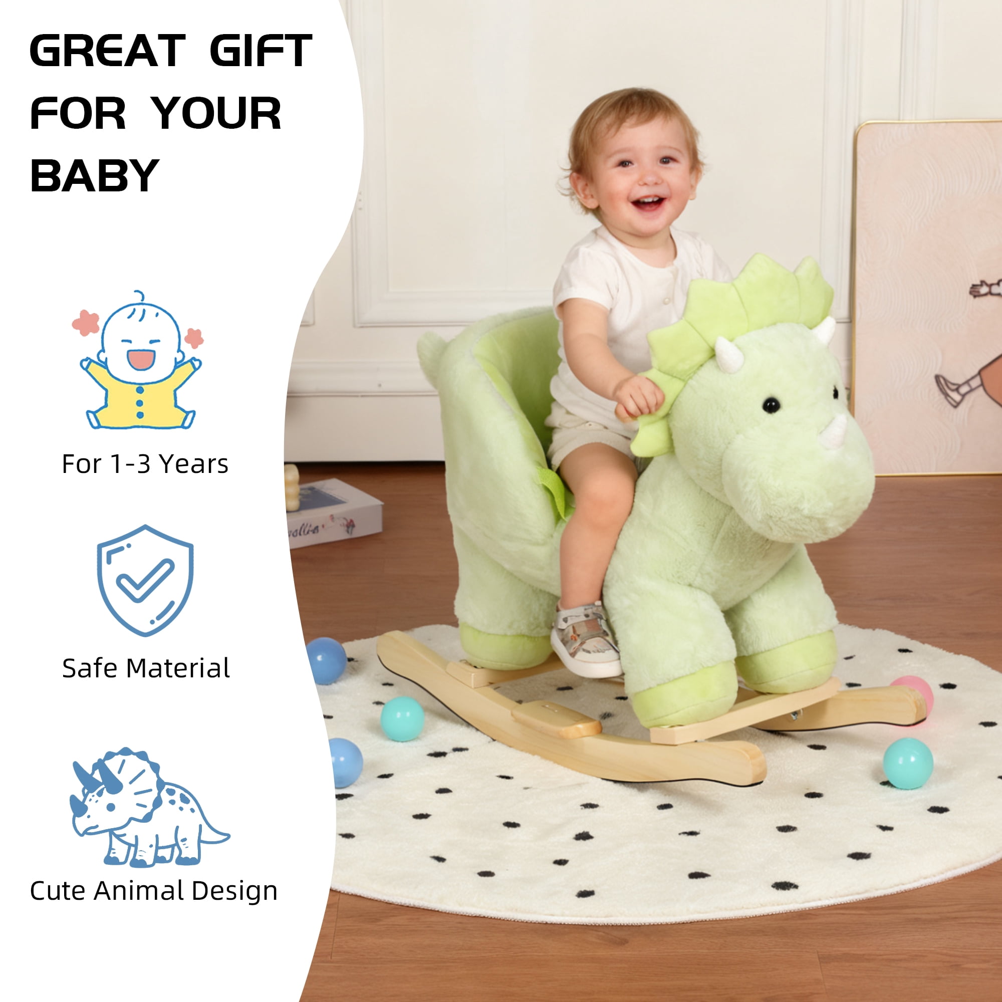 Alvantor Kids Rocking Horse Dinosaur Ride-On Toy with Music for 1-3 Years Green