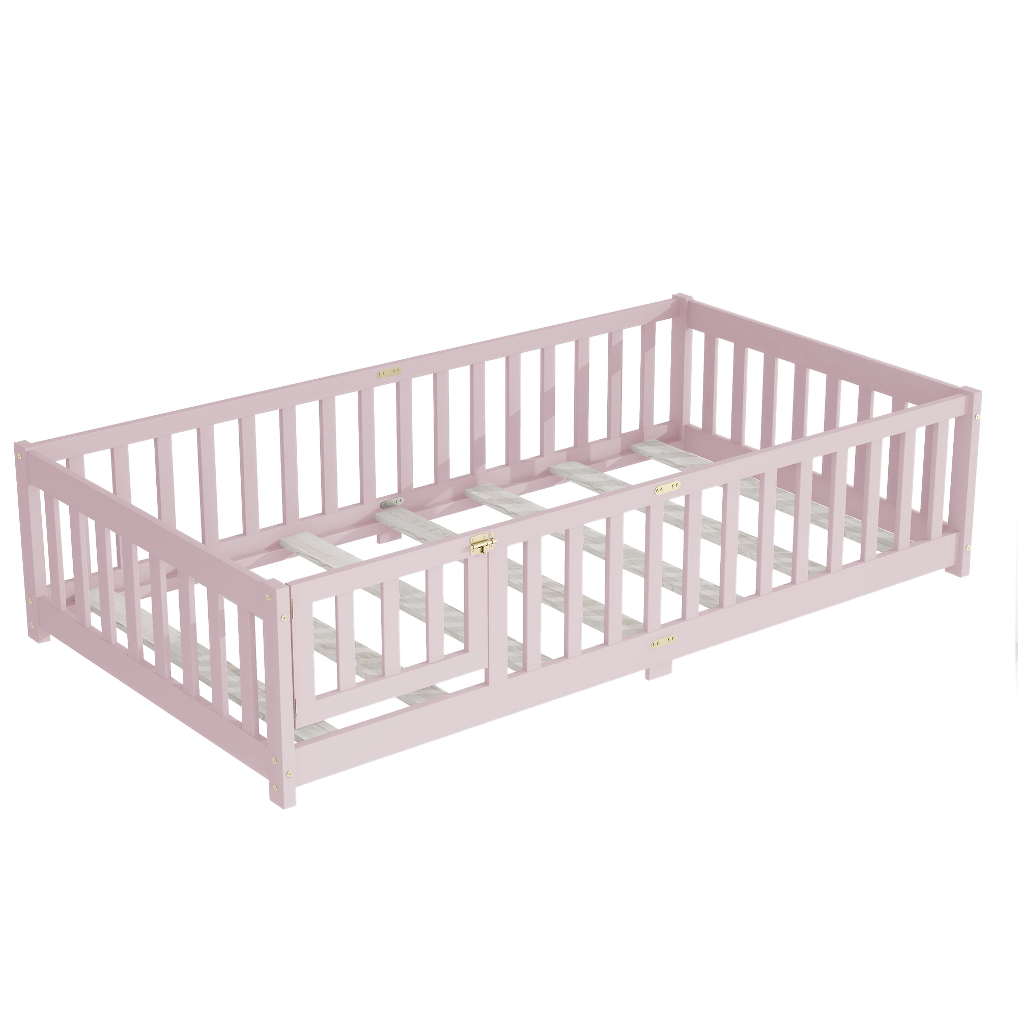 Alvantor Twin Size Floor Bed for Toddler, Solid Wood Floor Bed with Door and Fence Guardrail, Montessori Floor Bed for Boys, Girls,Pink
