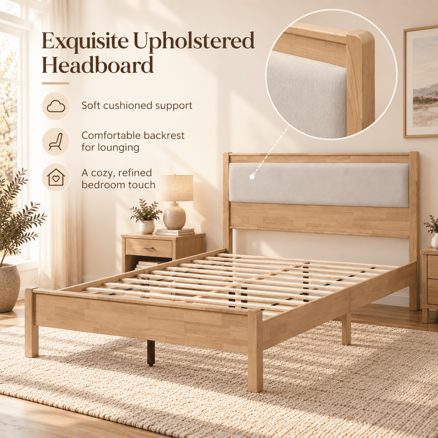 Miniyam Queen Rubberwood Platform Bed Frame with Padded Upholstered Headboard, Natural