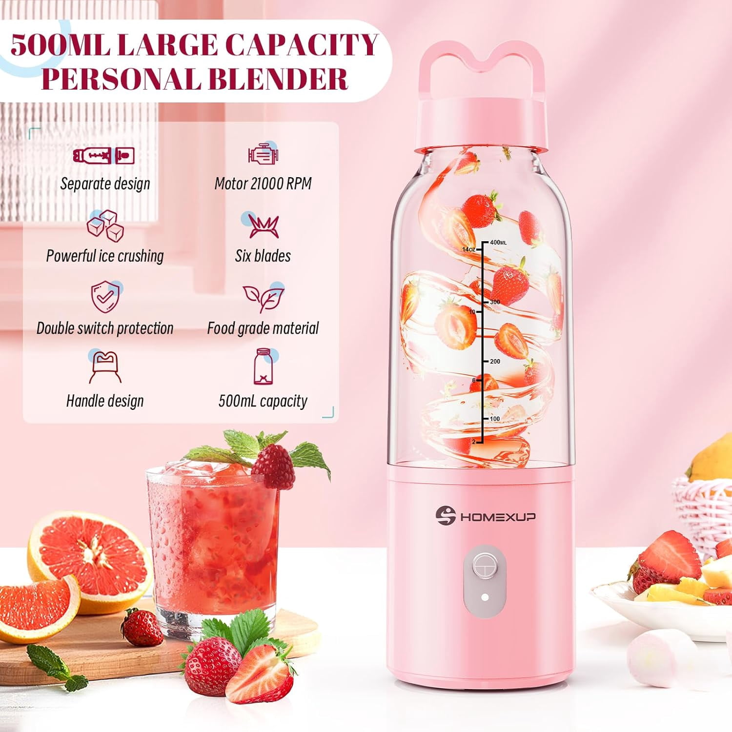 Portable Personal Blender 17 OZ/500 ML Juicer, 175W Size Blender, Ideal for Smoothies, Ice Blending, Juicing, and Food Processing, Compact, Convenient, Versatile (Pink)