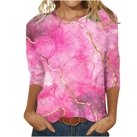 USSUMA Womens Tops Womens Tops 3/4 Length Sleeves Casual Loose Flowy Dressy Work Tops Print Tee Tops 3/4 Sleeve Round Neck Blouse Tops for Womens Loose Flowy