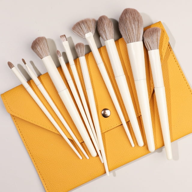 Nvzi Juego de 10 brochas de maquillaje, para base, polvos, correctores, sombras de ojos, rubor, brochas de maquillaje blancas con bolsa de almacenamiento naranja
