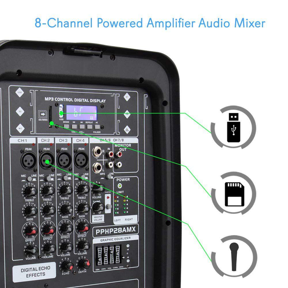 PA Speaker DJ Mixer Bundle 300 W Portable Wireless Bluetooth Sound System  with USB SD XLR 1/4quot; RCA Inputs Dual Speaker, Mixer, Microphone,  Stand, Cable For Home Outdoor Party