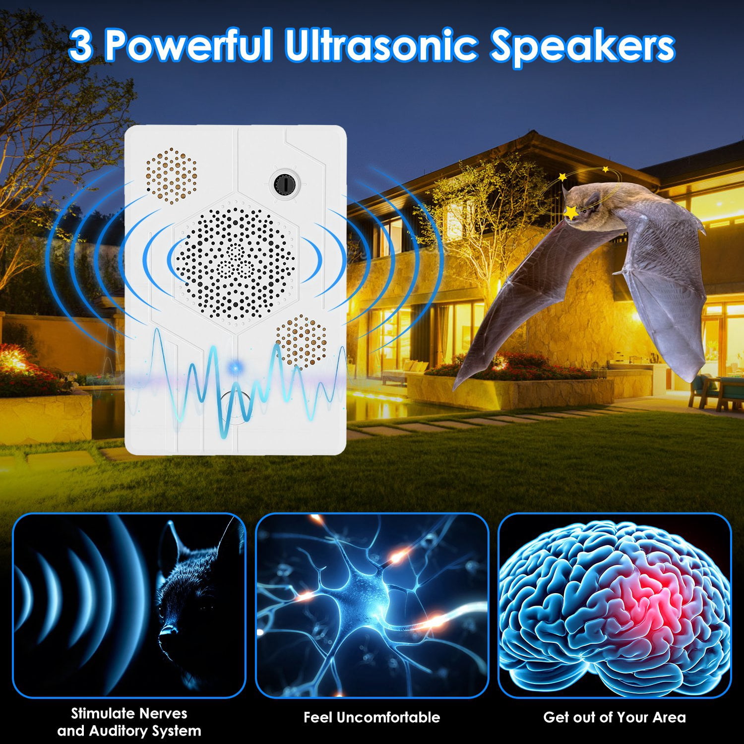 Imountek Upgraded Rechargeable Ultrasonic Bat Repellent Indoor Outdoor Mouse Repeller with 3 Ultrasonic Speakers for Attic Porch House