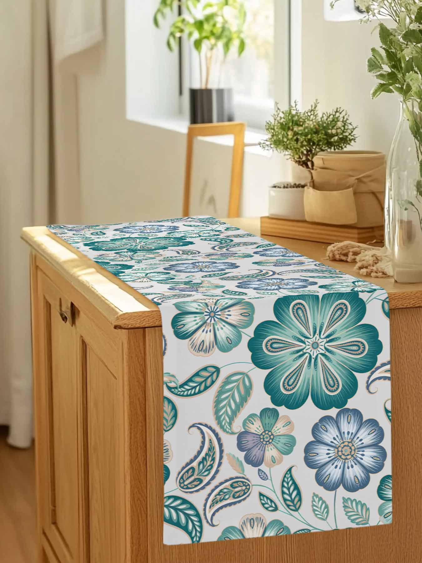 Abstract Ombre Ethnic Flower Table Runner 90 Inches Long, Traditional Blossom Floral Table Runners Tabletop Scarf Kitchen Dining Tables Decoration for Home Party Indoor Outdoor