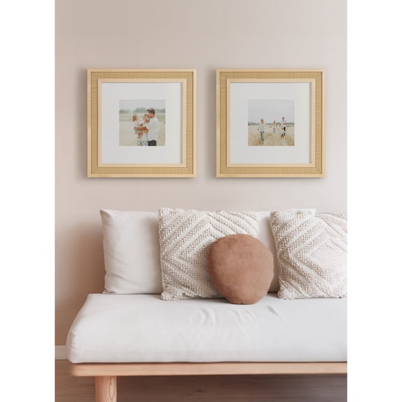 Kate and Laurel Corah Modern Square Faux Rattan Picture Frame Set of 2, 14 x 14 matted to 8 x 8, Natural, Boho Two-Piece Glass Photo Frame Set for Gallery Wall Design in Living Room Wall Decor
