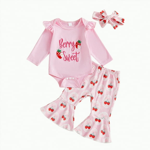 CAICJ98 Baby Girl Clothes Newborn Infant First Birthday Outfits Ruffle Long Sleeve Berry Sweet Romper Strawberry Flare Pants Set with Headband (Pink,6-12 Months)