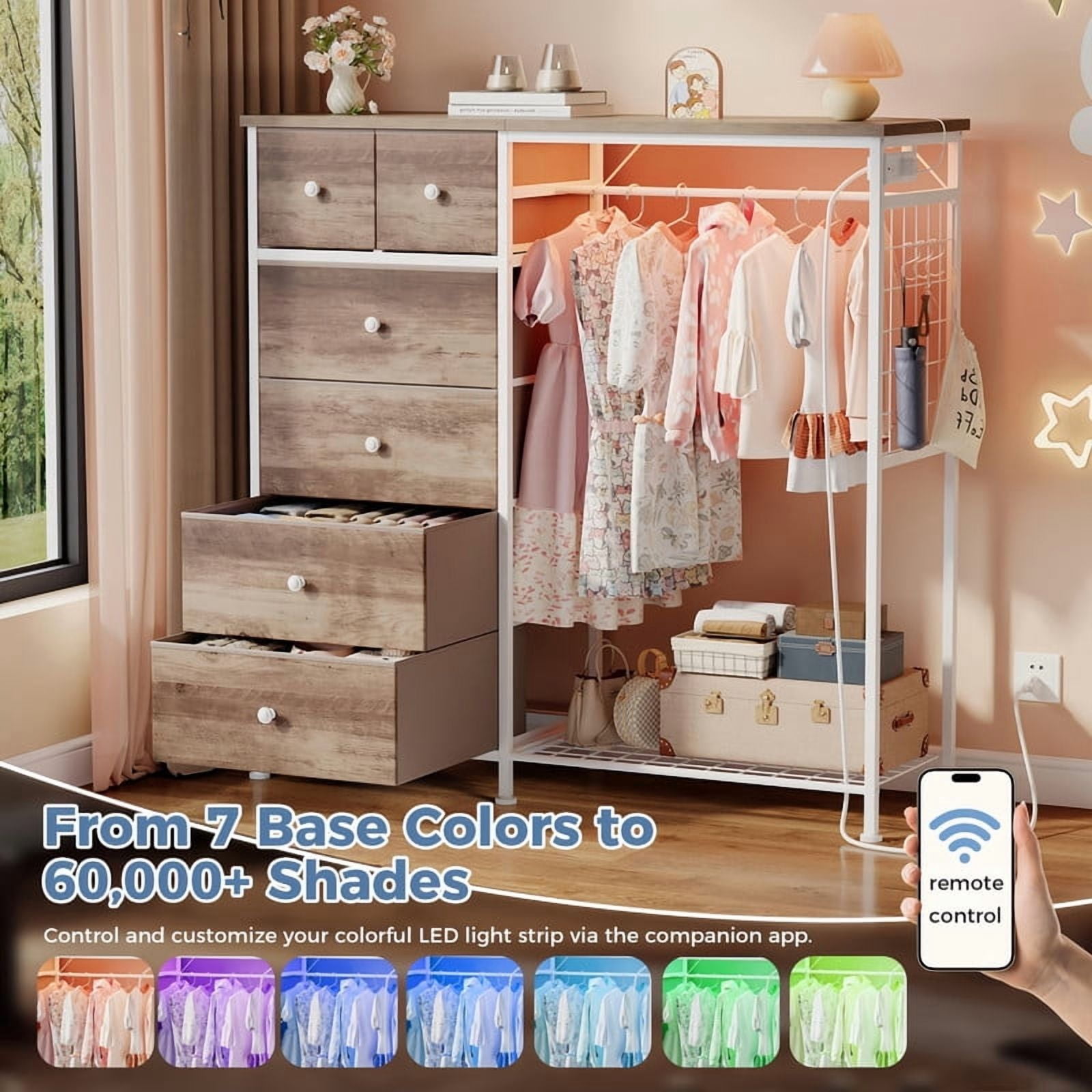 Kelno 6 Drawer Dresser with Hanging Rack LED Lights Charging Station Fabric Closet Organizer Storage Tower, Oak Greige