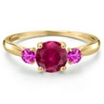 thumbnail image 3 of Gem Stone King 10K Yellow Gold Red Created Ruby and Pink Sapphire 3-Stone Ring for Women | 1.27 Cttw | Round 6MM | Gemstone July Birthstone | Size 8, 3 of 6