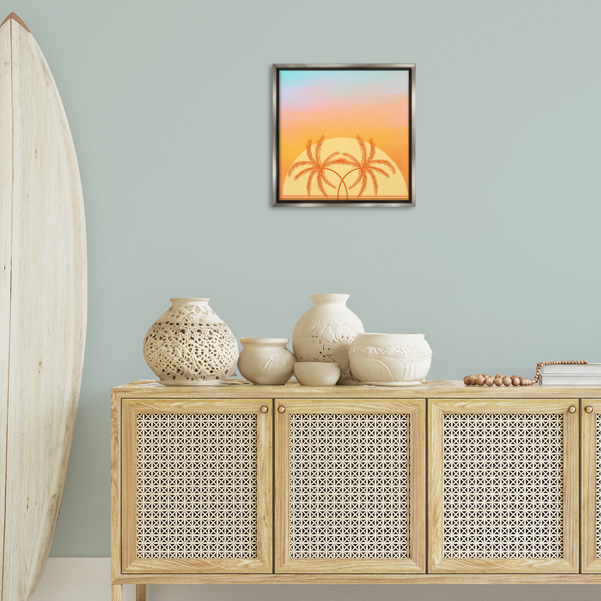 Stupell Industries Retro Sunset Palm Trees Plants & Flowers Painting Gray Floater Framed Canvas Art Print Wall Art, 18 x 18