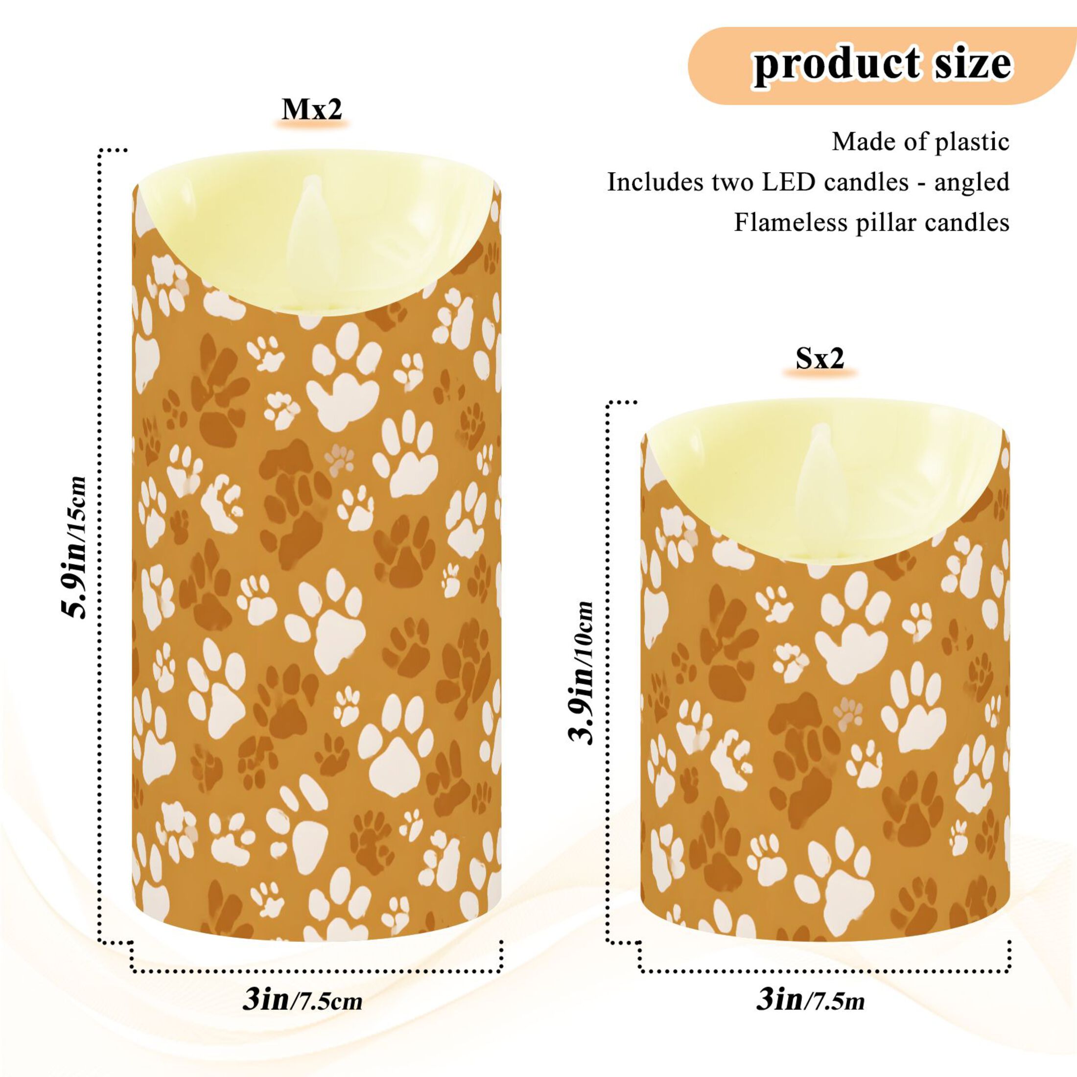 Animal Paw Prints Flameless Candles 2 PCS with Remote Realistic Moving Flame LED Tapered Pillar Set for Home Decor