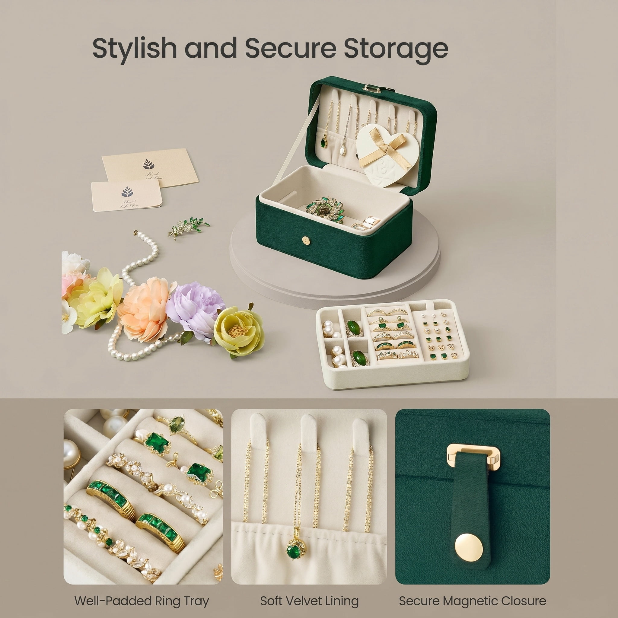 Nordic Hygge 2-Layer Portable Travel Jewelry Case, Retro Green Luxe Organizer