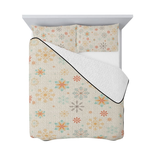 Twin Quilt Bedding Set, Vintage Christmas Snowflakes Soft Microfiber Summer Bedspread Coverlet with 2 Pillow Shams for All Season, Geometric Pattern on Linen Breathable Bedding Set for Hot Sleepers