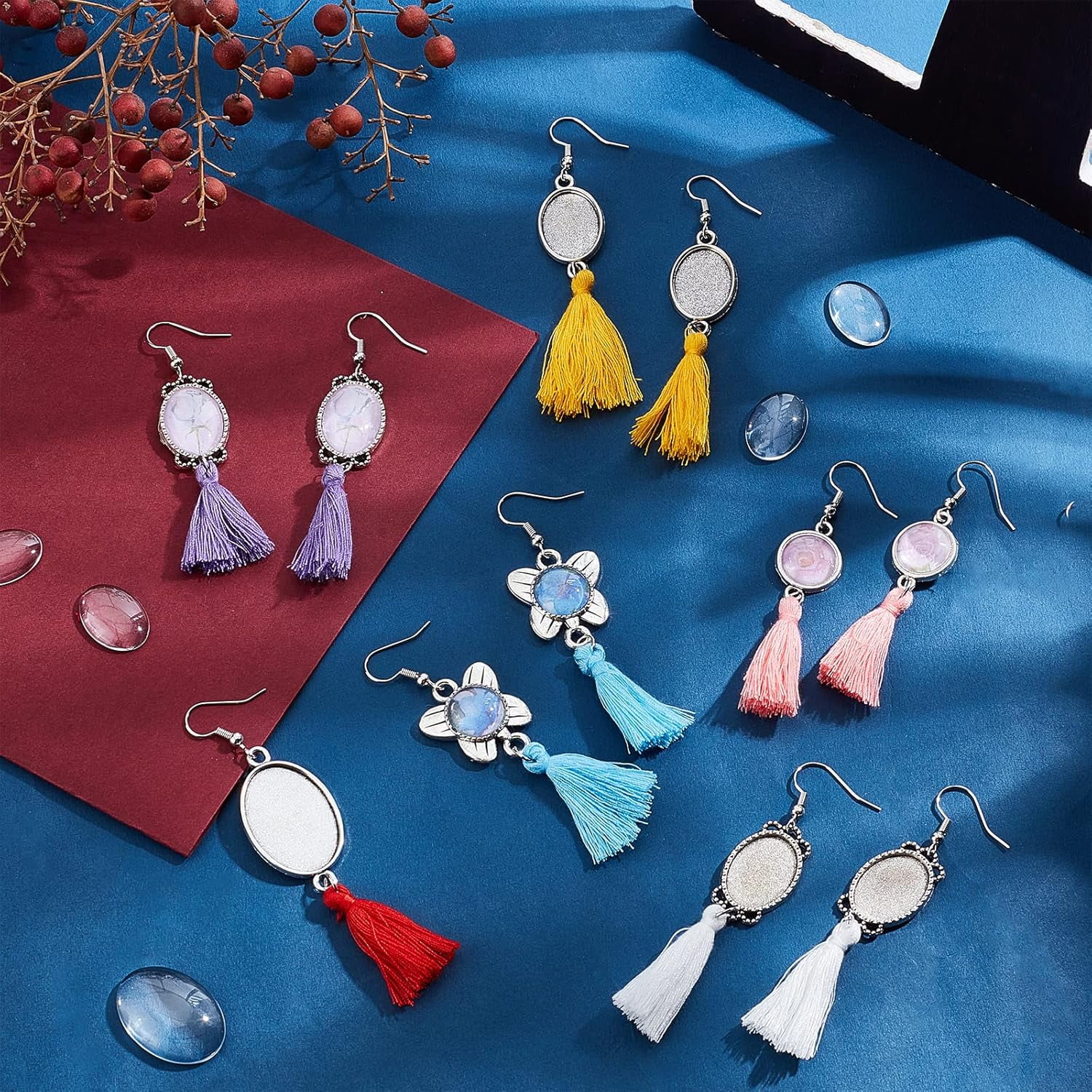 PH 72 Sets Earring Cabochon Setting Blank 6 Styles Earring Bezel Trays Hooks Dangle with Glass Clear Cabochon Tassel Wire Earring for Memorial Photo Pendant Jewelry Making DIY Craft for DIY