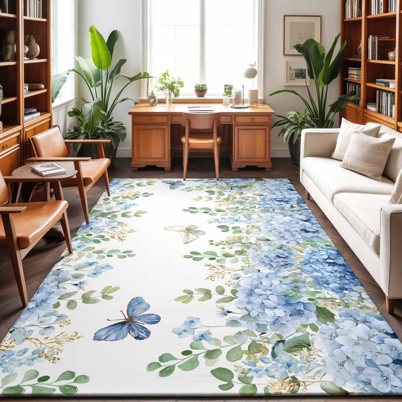 6x9 Area Rugs for Living Room, Blue Hydrangea Non Slip Area Rugs for Kitchen Bedroom Entryway, Spring Summer Eucalyptus Leaves Butterfly Washable Carpet Runner Rug Floor Mats for Bedroom Home Decor