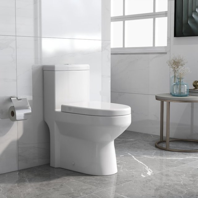 DeerValley DV-1F52813 Tiny Small Compact Dual Flush One Piece Toilet, Space Saver Commode designed for Water Closet, Soft Closing Seat Included, High-Efficiency WaterSense Cotton White