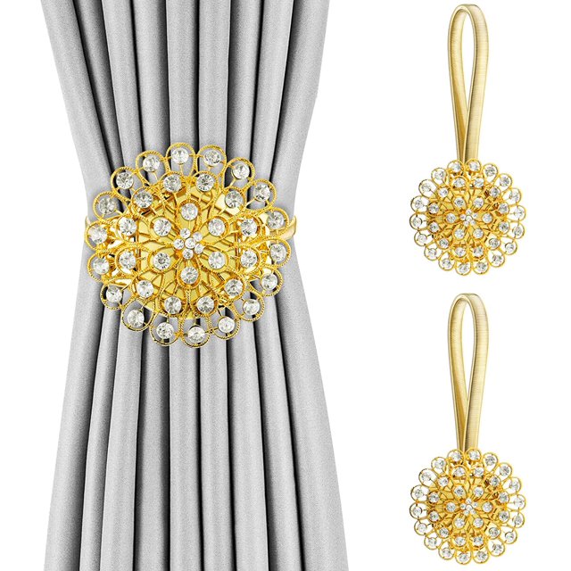 Crystal Curtain Tiebacks, 2 Pack Star Style Curtain Holdbacks Diamond Clips with Stretchy Wire Rope for Home Office Decoration