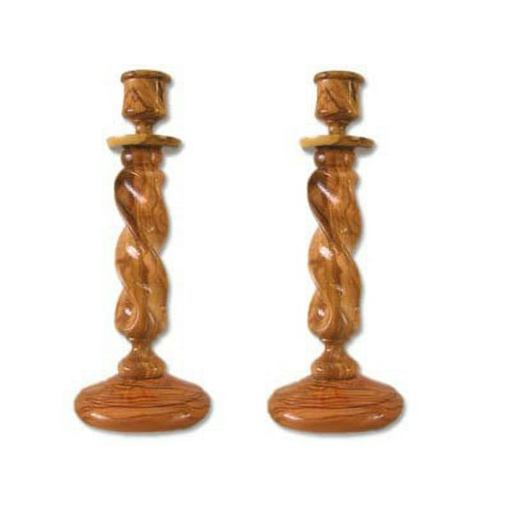 Pair of Straight Solid Olive Wood Winding Candle Holders.