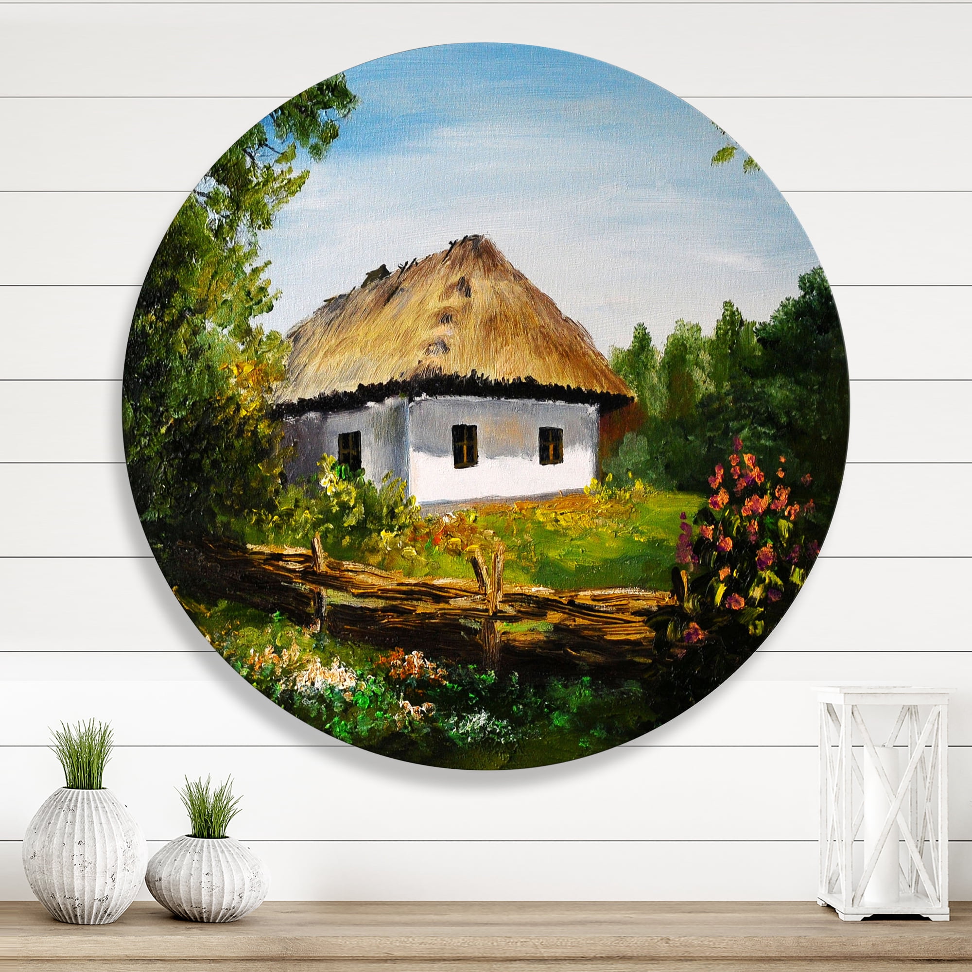 Designart 'Traditional Cottage At Sunrise In Summer' Traditional Circle Metal Wall Art 23x23 - Disc of 23