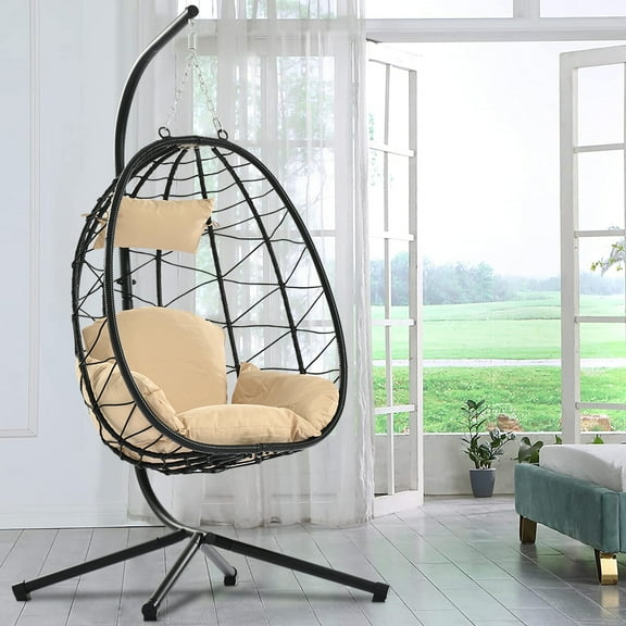 Egg Chair, Swing Chair with Stand, Outdoor PE Wicker Hanging Chair with Cushion, Heavy Duty Lounge Basket Chair, 300 lbs Capacity, Relaxing Chair for Patio, Balcony, Backyard, Beige, D6503