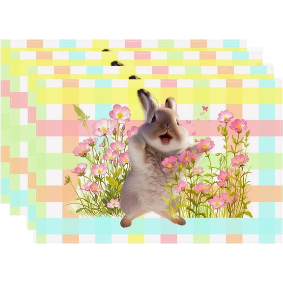 Colorful Buffalo Plaid Bunny Rabbits Easter Placemats Set of 4, 12x18 Inch Seasonal Spring Table Mats for Party Kitchen Dining Decoration
