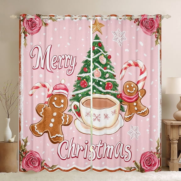 Manfei Girls Merry Christmas Black Out Curtains, Gingerbread Xmas Tree Curtains Pack of 2 (42x63 Each), Pink Rose Blossom Snowflake Bedroom Curtains, Luxury Home Decor
