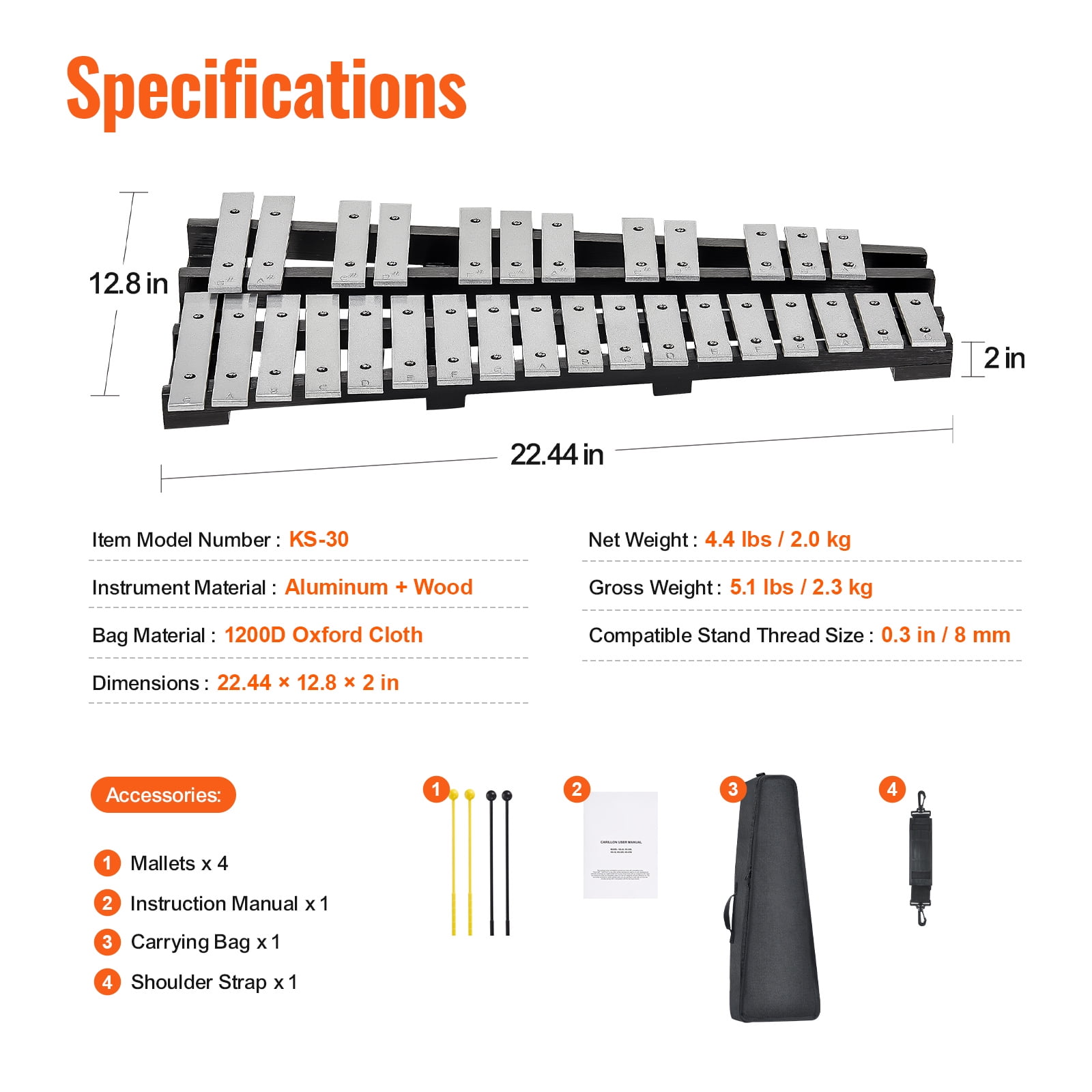 KFFKFF 30-Key Glockenspiel Set, Includes Mallets, Drumsticks & Portable Bag, Ideal Xylophone Percussion Kit for Learners & Enthusiasts