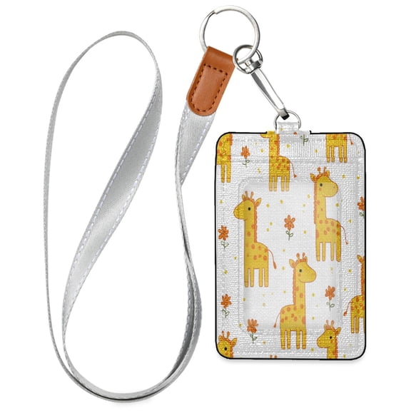 PU Leather Badge Holder Lightweight ID Card Holder with Window Pocket Giraffe and Little Flower