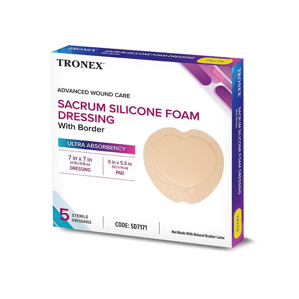 TRONEX SD7171 Sacrum Silicone Foam 7"x7", Adhesive Border, Waterproof, Sterile, Ultra Absorbency, Breathable, Advanced Wound Care, Gentle Removal, Latex Free, Beige, Pack of 10