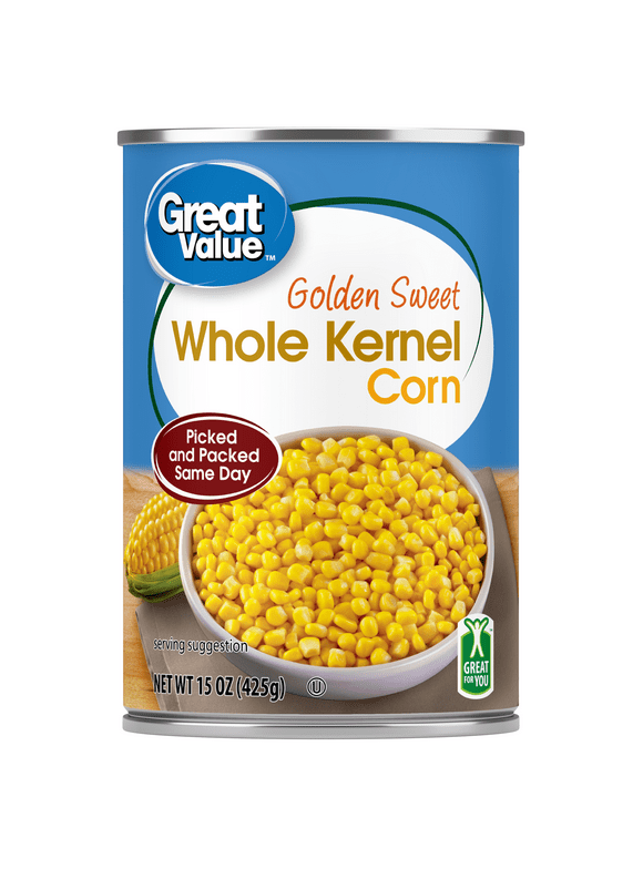 Great Value Golden Sweet Whole Kernel Corn, Canned Corn, 15 oz Can