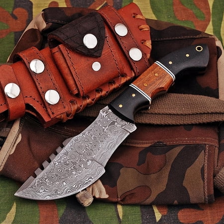Tracker Knife Fixed Blade Damascus Steel Camping Survival Knives with Micarta Handle & Leather Sheath